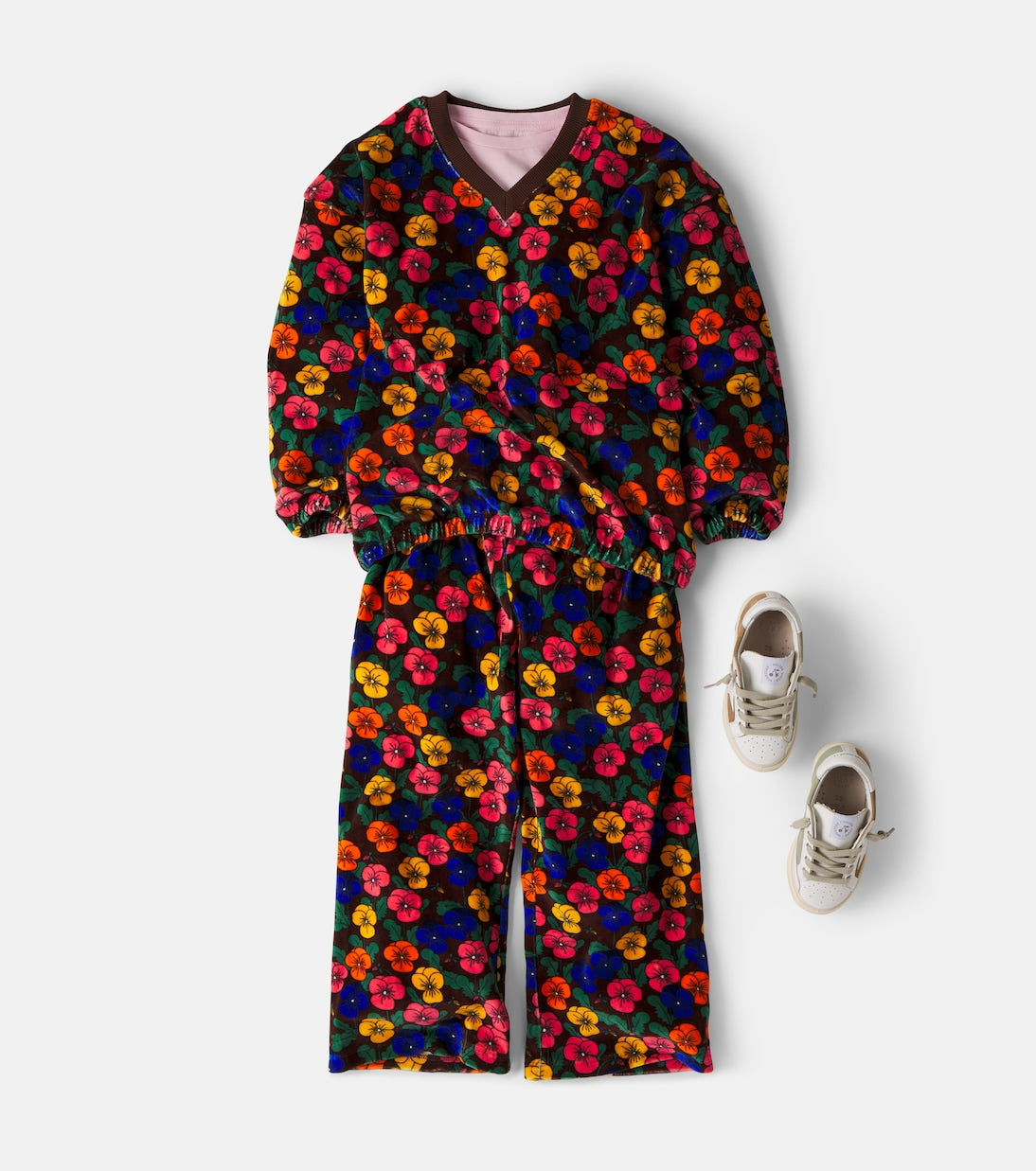 Mini Rodini - Floral cotton velvet wide-leg pants