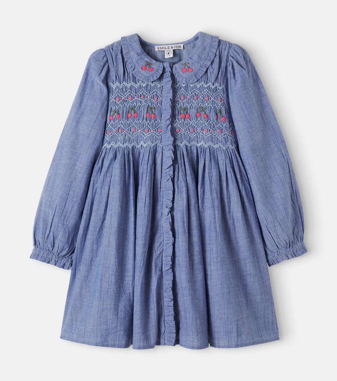 Emile et Ida - Embroidered smocked cotton chambray dress
