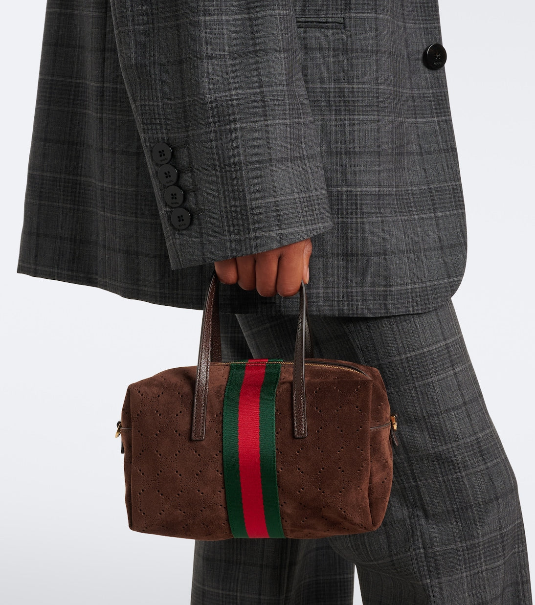 Gucci - Web Stripe Small suede top-handle bag