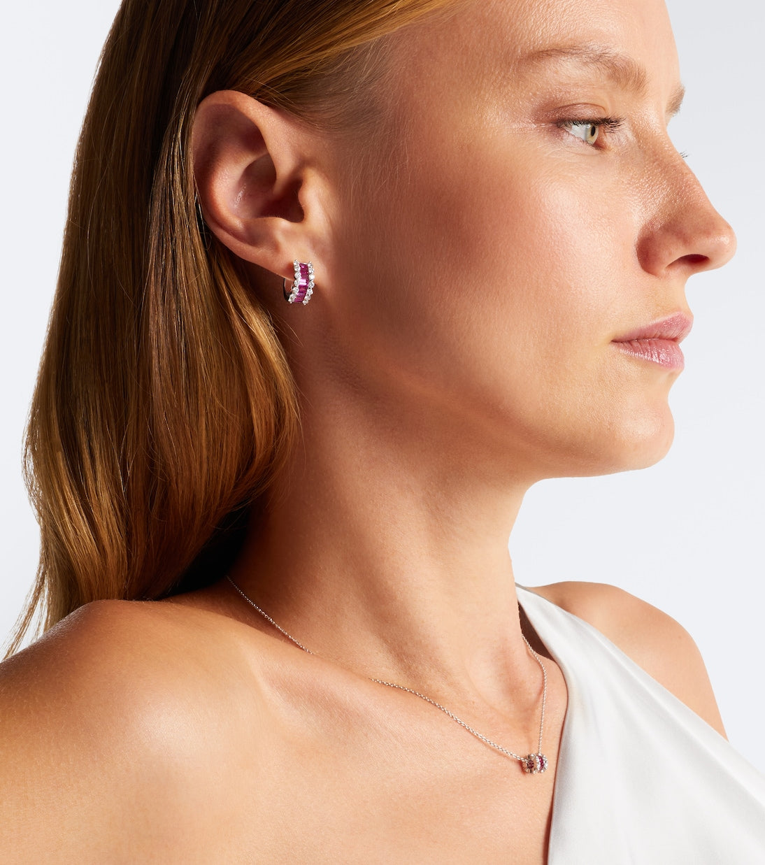 Bucherer Fine Jewellery - Baguette Love 18kt white gold hoop earrings with rubies and diamonds