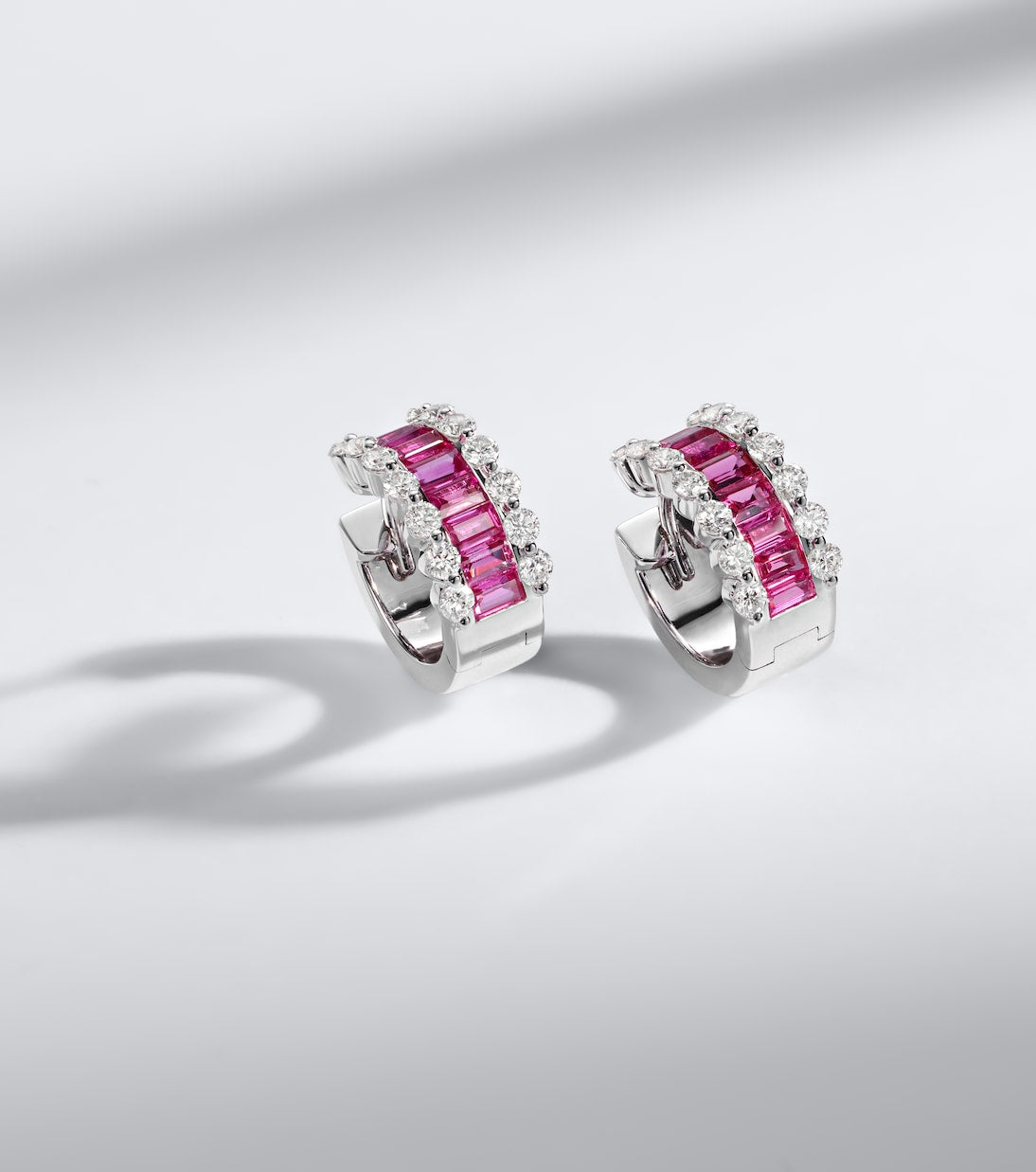 Bucherer Fine Jewellery - Baguette Love 18kt white gold hoop earrings with rubies and diamonds