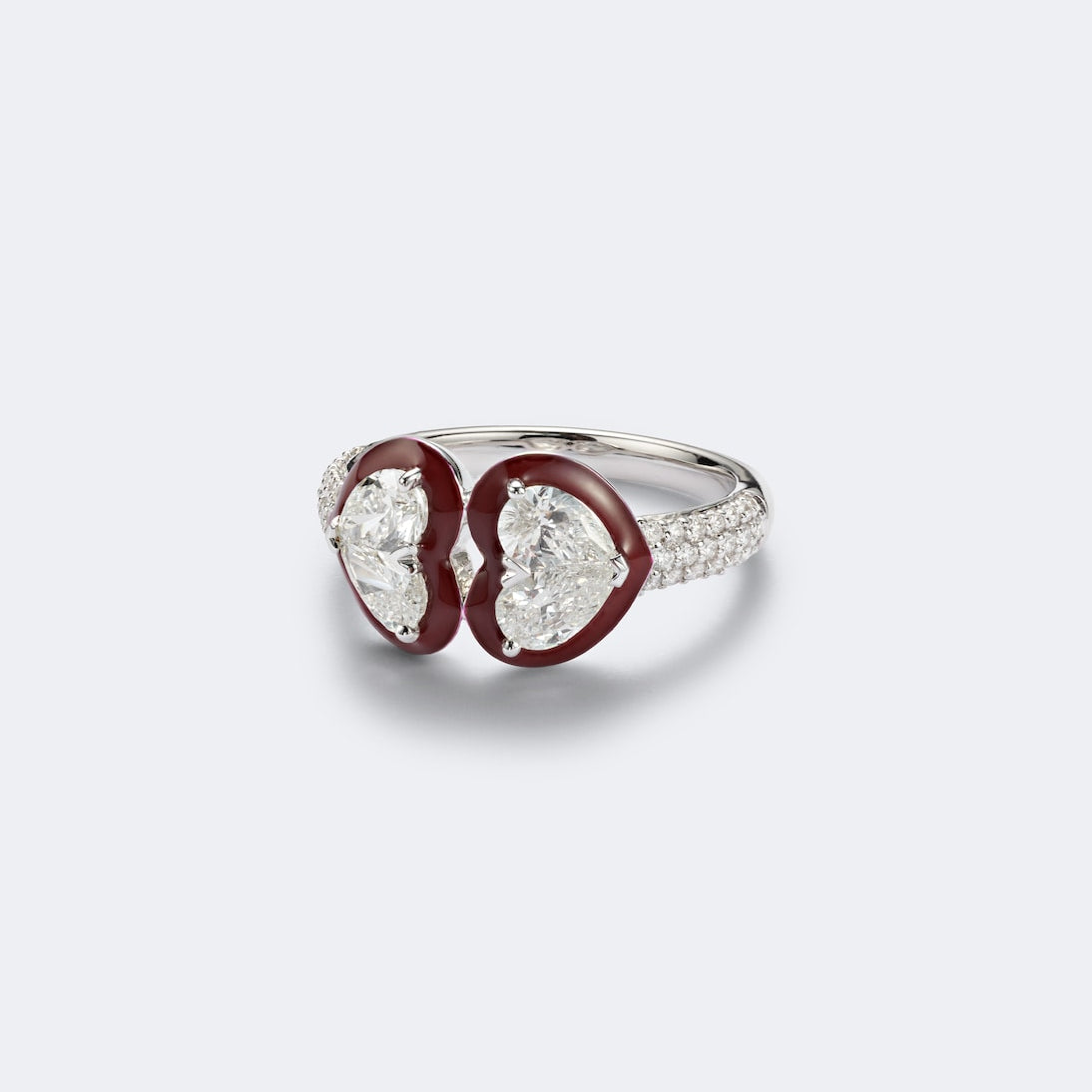 Kamyen - Twin Heart 18kt white gold and enamel ring with diamonds