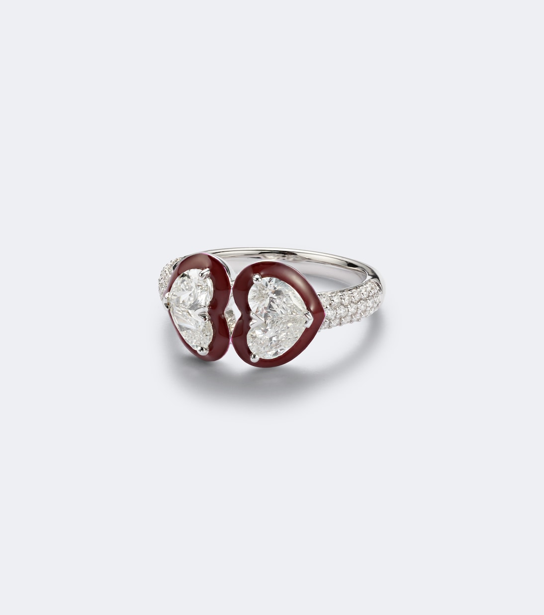 Kamyen - Twin Heart 18kt white gold and enamel ring with diamonds