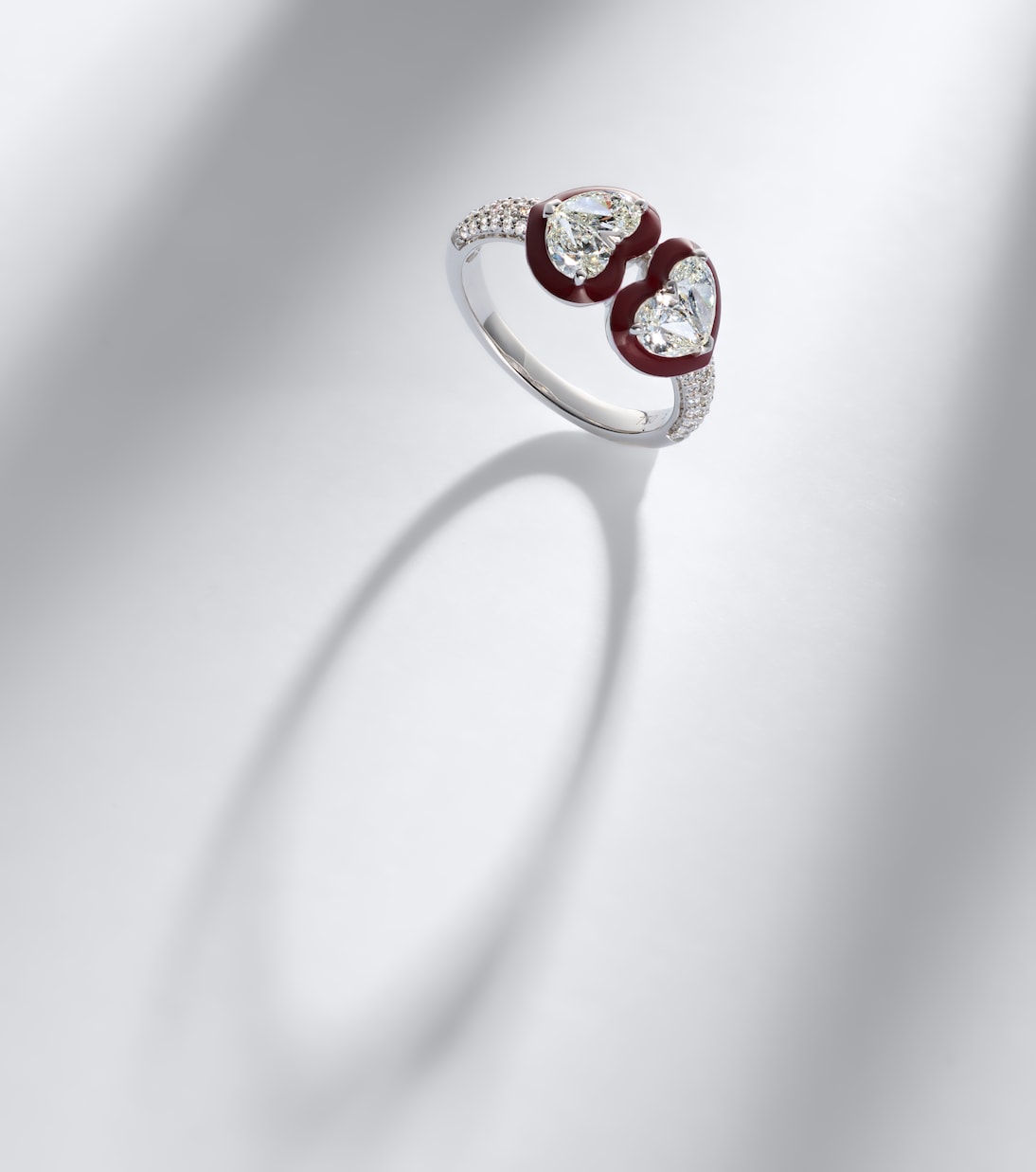 Kamyen - Twin Heart 18kt white gold and enamel ring with diamonds
