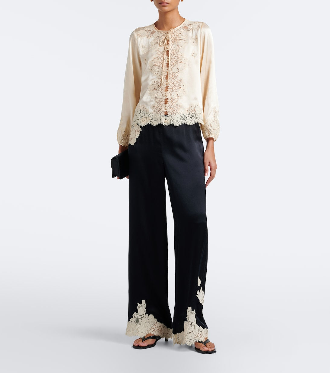 Dôen - Lavon lace-trimmed silk satin wide-leg pants