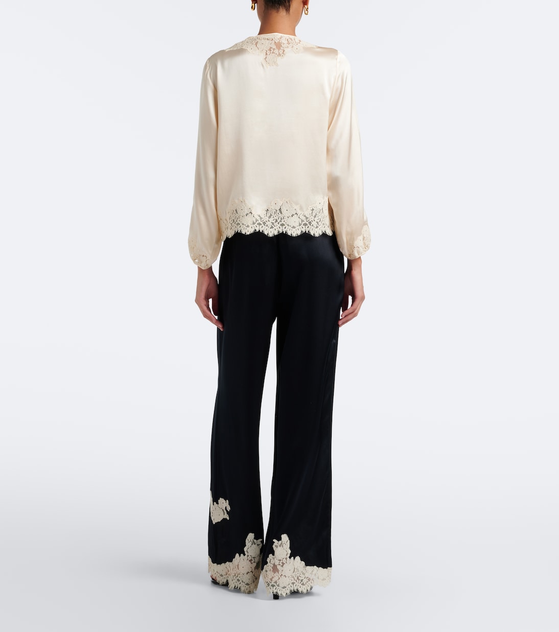 Dôen - Lavon lace-trimmed silk satin wide-leg pants