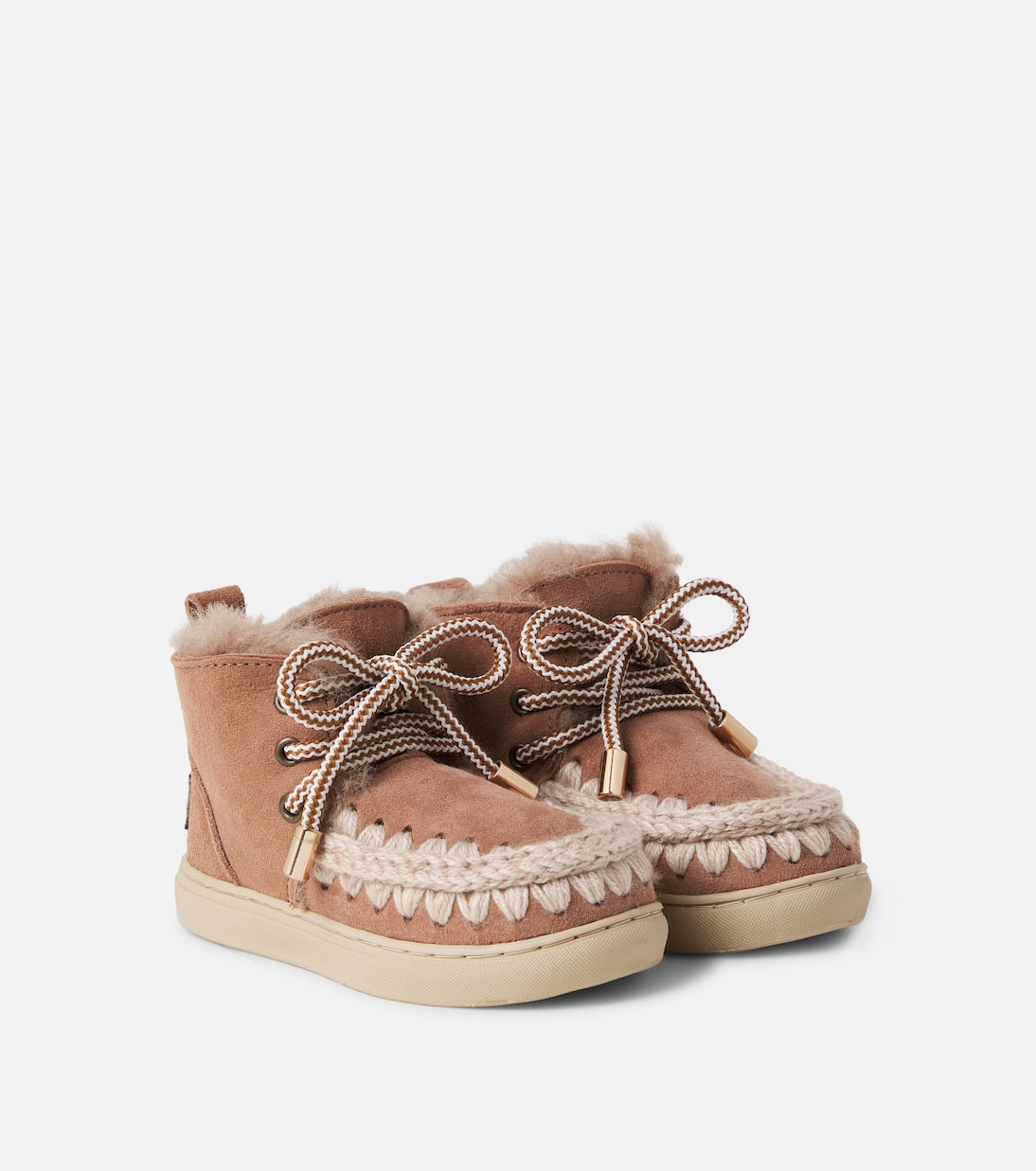Mou Kids - Embroidered shearling-lined suede lace-up boots