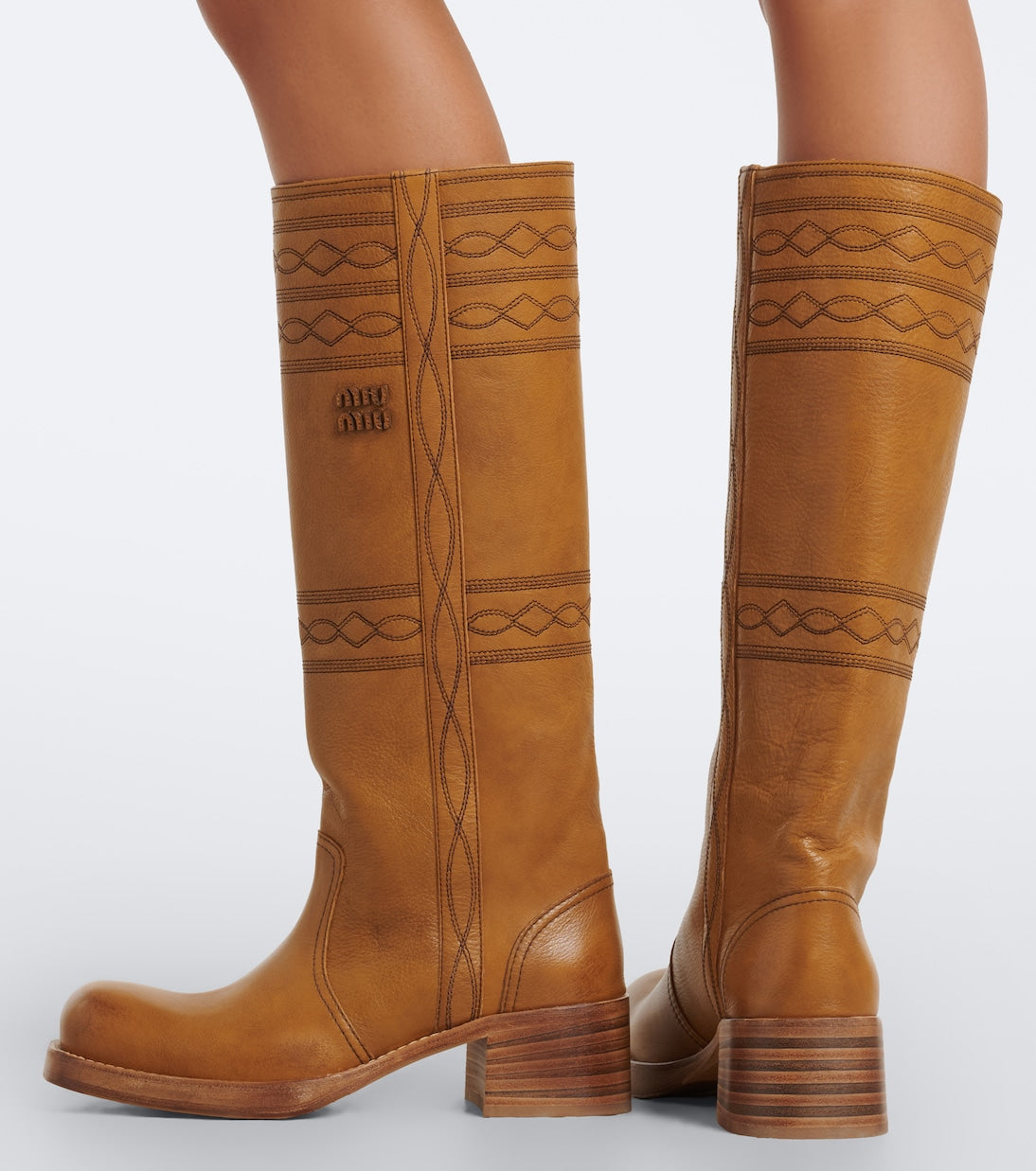 Miu Miu - Embroidered leather knee-high boots