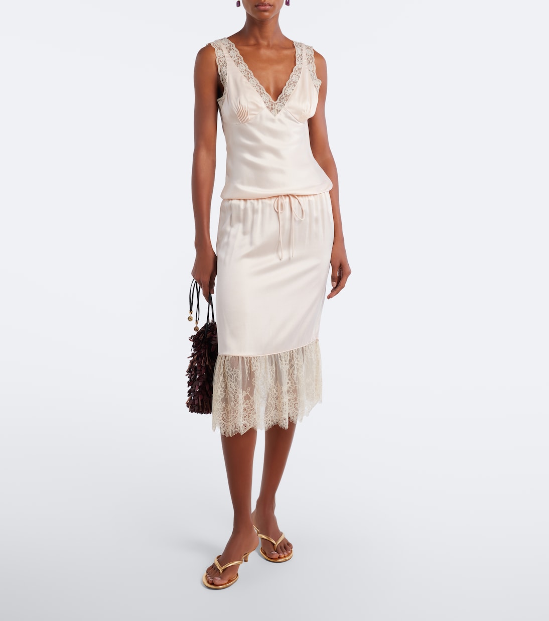 Posse - Blake lace-trimmed silk satin midi skirt