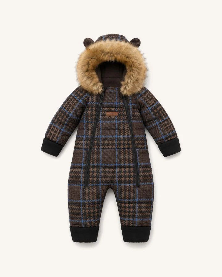Töastie - Waterproof Faux-Fur Hooded Cloud Jacket with Recycled Fiber Check Pattern | Blue