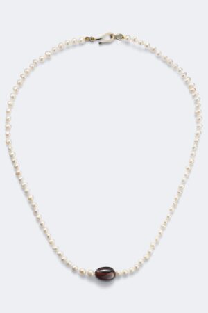 Ileana Makri-9kt gold beaded necklace with freshwater pearls and hessonite